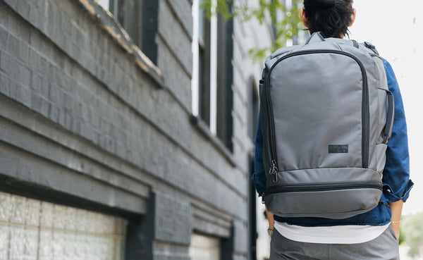 The back of a person wearing the Techonaut 45 as a backpack.